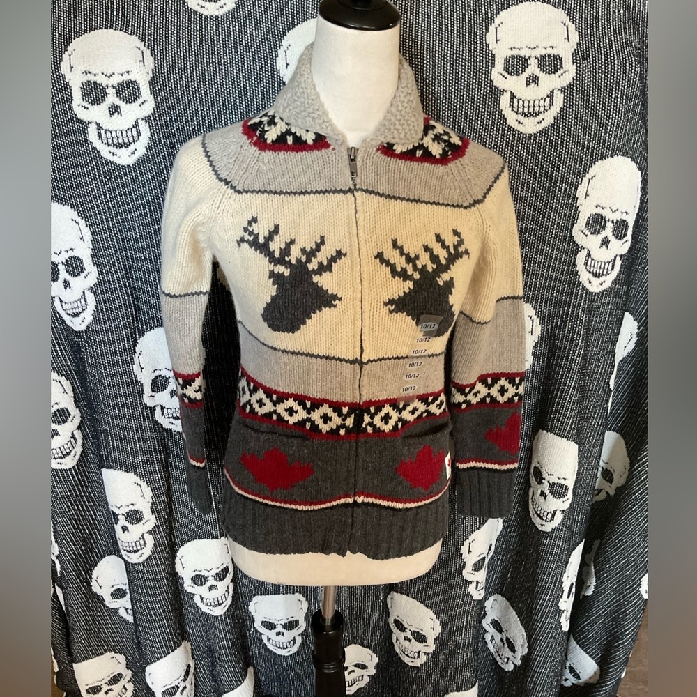 Kids Reindeer Patterned Zip-Up Sweater - Cream, Gray, Red